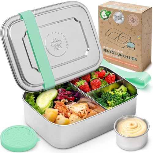 Everusely - Bento Box - Green, 47oz / 1.4 L - Large Stainless Steel Lunch Box with Leakproof Condiment Container - 3 Compartment Snack Container Office Meals - Freezer & Dishwasher Safe