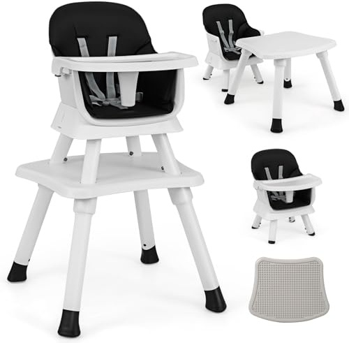 FANTASK Chaise haute combinée 6 en 1 pour enfant et bébé avec ceinture de sécurité et plateau amovible Noir