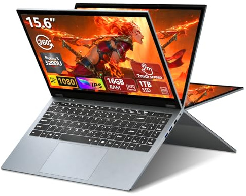 MOGIKK 15,6 Pulgadas 2 en 1 Ordenador Portátil, Ryzen 3 3200U Procesador PC Portátil 16GB RAM 1TB SSD 360° Pantalla Táctil Laptop FHD IPS RJ45 Win 11 Teclado Retroiluminado HDMI Computadora portátil