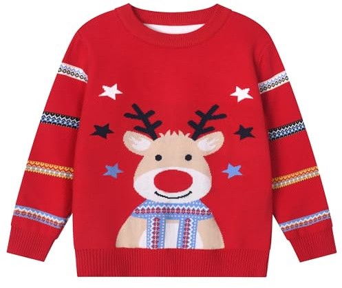 Pilipulu Jersey Navideño Niños, Suéter de Punto con Cuello Redondo para Niño y Niña, Sudaderas Navideñas para Unisex Niños 3 Años, Ciervo navideño/Rojo 1