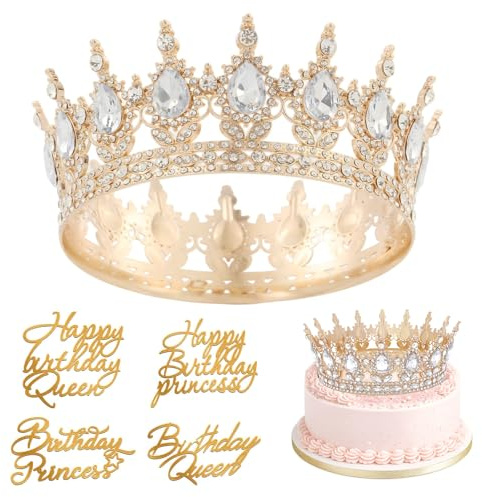 1 corona di compleanno per ragazza, corona per torta, con 4 decorazioni per torte Happy Birthday, per compleanni, matrimoni, fidanzamenti e occasioni speciali (oro bianco)