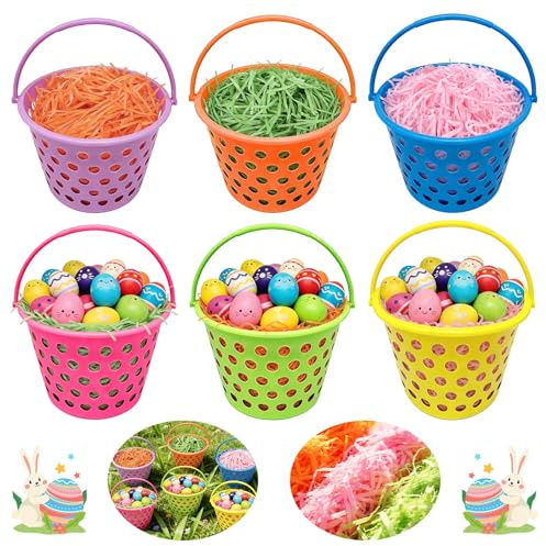 SilverChry Cestini Pasquali con Manico, 6 Cestino per Uova di Pasqua, Inclusi 3 Pacchi di Erba Sintetica di Pasqua, Ideali per Fai-da-Te, Caccia alle Uova di Pasqua e per Conservare Uova e Regali