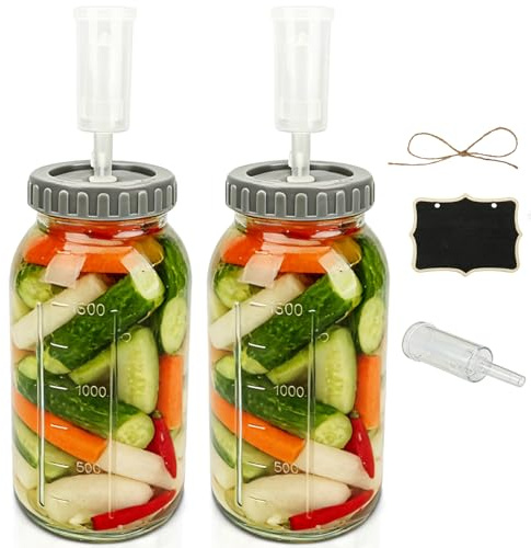 DENUOTOP 2 Unidades de Vidrio de fermentación de 2L, Vaso de fermentación con Ventilador de fermentación, Recipiente de Kimchi de Boca Ancha, Tarro de fermentación para chucrut, Kimchi, iniciador de