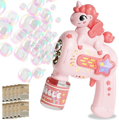 DONGTATA Unicorn Bubble Machine for Kids 3 4 5 6 7 8 Years Old 8-Hole Automatic Bubble Gun with Lights Includes 50ml Solution & 10 Refills Outdoor Bubble Maker Toy for Toddlers Girls Party Gift