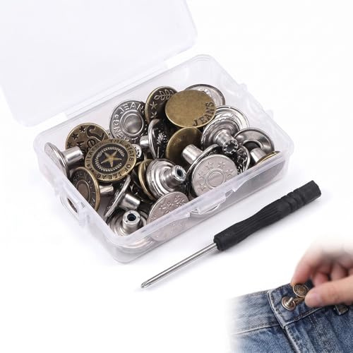 30 Pares de Botones para Vaqueros Sin Costura, Botones de Presión Metálicos con Caja de Almacenamiento y Destornillador, Kit de Botones de Repuesto para Jeans, Pantalones y DIY, Estilos Mixtos