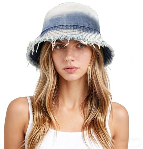 AYPOW Mode Bob Seau Chapeau à Bord Effiloché pour Femmes, en Coton Lavé Doux Été Denim Extérieurs Chapeau de Soleil, Léger Pliable Anti-UV Chapeaux de Pêcheur Casquettes Visière pour Adolescente Fille