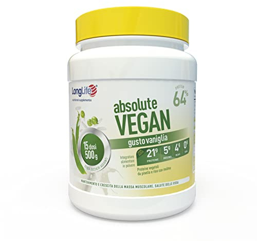 LongLife® Absolute Vegan | Proteine vegetali da pisello e riso 64% con Inulina | Crescita e mantenimento della massa muscolare | Benessere delle ossa | Vaniglia | 15 dosi | Vegano e senza glutine