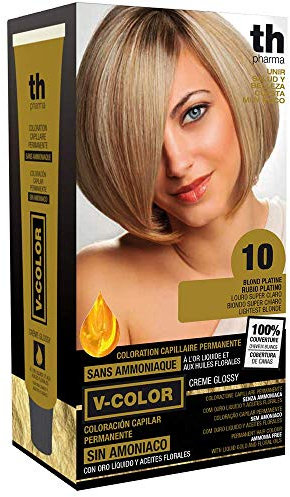 Thader Th Pharma V-Color Kit de Tinte permanente Sin Amoniaco con Oro Líquido 100% Cobertura de canas, 120 ml (No. 10 Rubio platino)