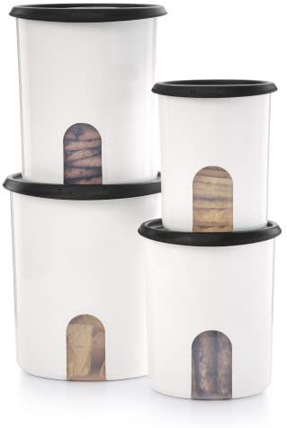 TUPPERWARE Set di 8 contenitori per promemoria One Touch (4 contenitori per alimenti secchi + 4 coperchi) - nero - ermetico, lavabile in lavastoviglie e senza BPA