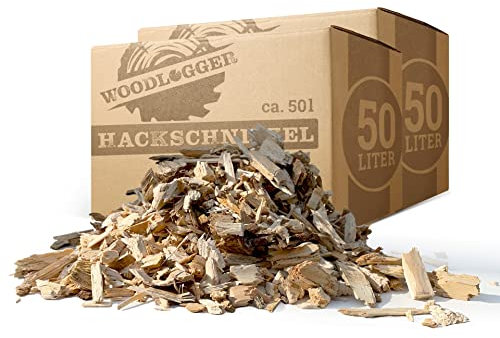 Woodlogger Hackschnitzel aus Kiefer 100 L | Holzhackschnitzel als Rindenmulch-Ersatz für den Garten | Verwendbar als Einstreu, Brennmaterial, Anzünder, Deko, Mulch & Fallschutz für den Spielplatz