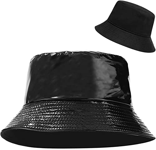 XYIYI Black PU Leather Bucket Hat Waterproof Rain Hat Beach Fisherman Hats for Women, Reversible Double-Side-Wear