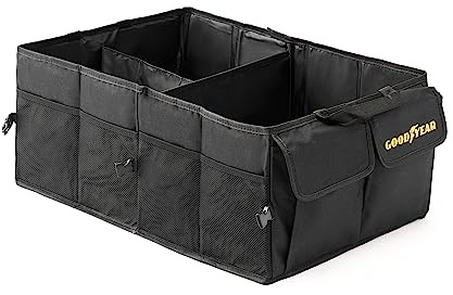 Goodyear Foldable Trunk Organizer | Heavy-Duty Collapsible Car Storage Bin | Reinforced Handles & Sturdy Base | Multiple Compartments & Pockets for Groceries, Tools, and Gear | Non-Slip Bottom
