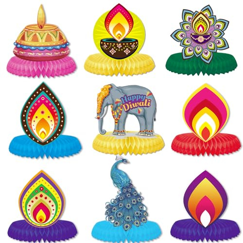 9pcs Diwali Decorazioni per feste a nido d'ape Centrotavola Diwali Decorazioni da tavola per casa ufficio Festival per feste leggere Festival indiano Diwali Rangoli Decorazioni Deepavali