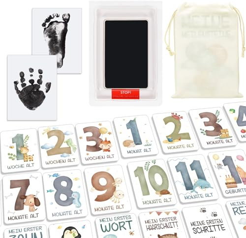 DPKOW Meilensteinkarten Baby Abdruck Set, Tiere Geburt Karte Baby Handabdruck und Fußabdruck Set für Junge und Mädchen Geburt, Taufe oder Babyparty Familie Geschenk Meilenstein, Deutsch Geschenkidee