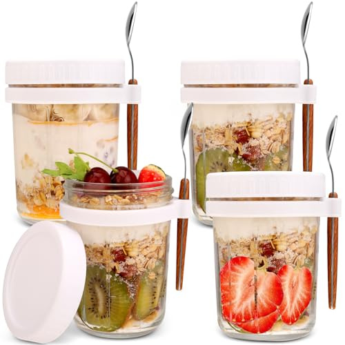 Opopark 4 Pack Overnight Oats Jars, 12oz Glass Containers with Lids and Spoons, Airtight Breakfast Jars with Measurement Marks for Milk Cereal Fruit Yogurt Chia Pudding