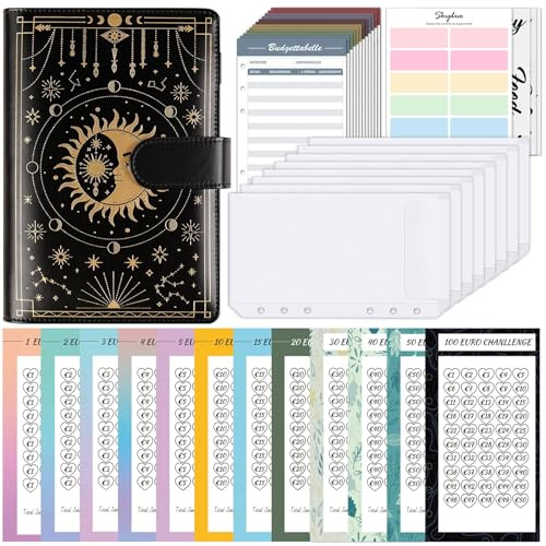 SKYDUE Archivador de anillas A6, agenda de anillas con 100 sobres Challenge, carpeta de presupuesto, carpeta presupuestaria, agenda porta dinero, presupuesto planificador con sobres (adivinación)