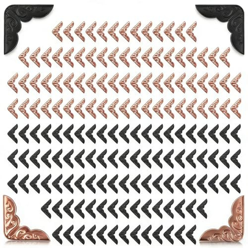 KLEHOPE 200 Pcs Book Corner Guards, Metal Antique Style Protective Decorative Corners for Books 1-2mm Thick, Notebooks, Photos, Bookmarks & Scrapbooks (Black/Rose Gold)