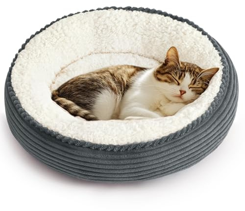 Love's cabin Round Donut Cat and Dog Cushion Bed, 20in Pet Bed for Cats or Small Dogs, Anti-Slip Water-Resistant Bottom, Super Soft Durable Fabric Pet beds, Washable Cat Dog Bed Stripe Bluish Grey