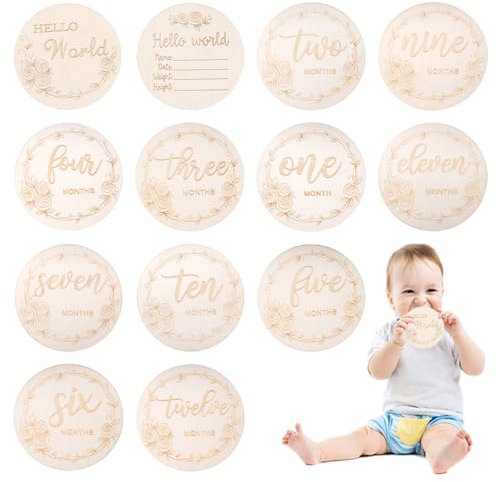 14 Stück Meilensteinkarten Baby Holz Meilensteinkarten Baby 1-12 Monate Hölzerne Baby Monatliche Meilensteinkarten Schwangerschaft Mit Stoffbeutel für werdende Eltern, Schwangerschaft verkünden