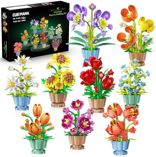 CUBIMANA 9 Blumen 3,6MM Mini Bausatz – 1462 Stück Botanische Blume Bonsai mit Rosen Orchidee Bausteinspielzeug, Deko Kunstblumen für Zuhause Büro, Geburtstagsgeschenk für Frauen Erwachsene Teen