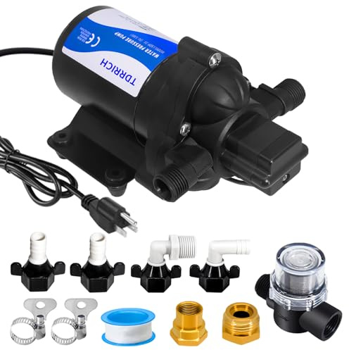 TDRRICH 110V AC Water Pressure Pump for RV,3-Chamber High Power Camper Water Pump with Filter Power Plug,5.0GPM 70PSI Electric Self Priming Inline On Demand washdown Water Pump for Marine Yacht Garden