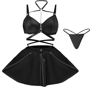EVELIFE Sexig läderklänning för kvinnor, nackhållare metallkedja push up behå, wetlook underkläder underkläder curvy elegant konstläder party rave klubb outfit miniklänning underkläder kvinnor (svart