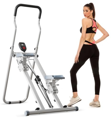CEIEVER Vertikal klättringsmaskin, hopfällbar, med LCD-instrumentdisplay, bärbar crosstrainer, stepper med justerbar stegbredd, styre och pedaler, kan belastas upp till 300 kg, för motionscykel