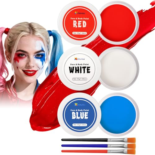 nsxsu Face Painting Kit White Red Blue 165g(5.8oz), Face Paint Professional for Adults, Body Paint Set with Brushes for Halloween Makeup Cosplay Skull Clown Art Theater