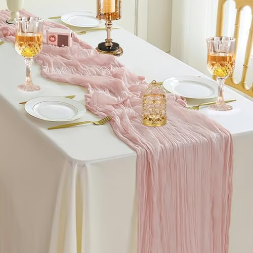 Ezvsevuo Chemin de Table Rose Romantique 90 x 300 cm - en étamine, Tissu de Gaze Rustique pour Décoration de Mariage, Arche, Fêtes à Thème et Anniversaires