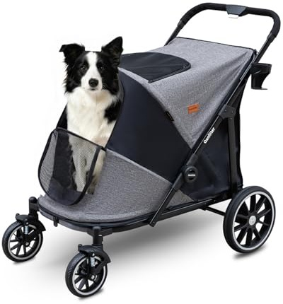 Quolliter Hundewagen Ein-Taste-Zusammenklappung Hundebuggy bis 40kg Hundewagen Große Hunde Katzenwagen für 2 Große Katzen 360° Verschleißfeste Gummiräder Netzfenstern