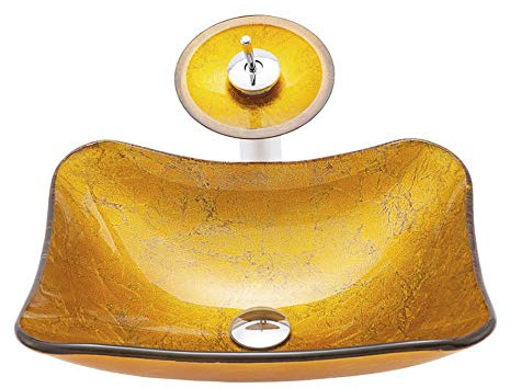Lavabo Rectangular Dorado de Vidrio Templado sobre encimera, Lavabo artístico con lámina Arrugada, Grifo Cascada y desagüe emergente, 47 cm x 47 cm