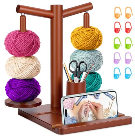 SelfTek Avvolgitelo per Lana in Legno - Avvolgitelo per Lana Magnetico con Segnatempo per Maglia Accessori, Supporto Smartphone e Organizatore, Regali per Appassionati Di Maglieria (Marrone)