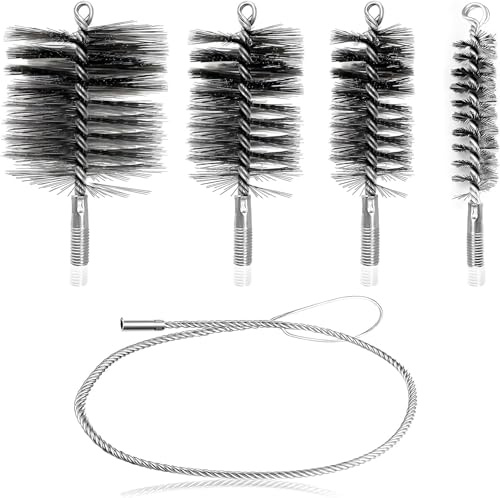 5 Pezzi Kit Pulizia Canna Fumaria - Spazzole per Tubi Stufa Pellet/Camino Legna, Scovolo Canna Fumaria 30/50/80/150 mm in Filo Acciaio, Spazzola Cane per Pulire e Pulisci Camino Canna Fumaria