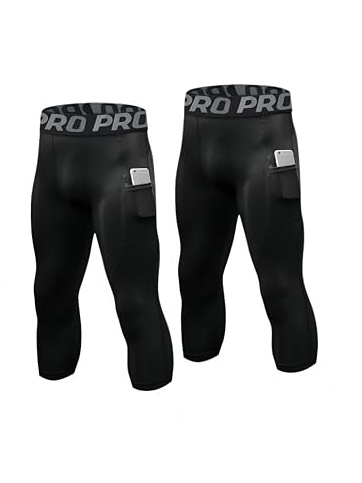 KAHEYQI Men's 3/4 Compression Leggings Gym Running Tights with Pocket Active Cool Dry Base Layer Trousers Athletic Sports Capri Pants 2 Pack