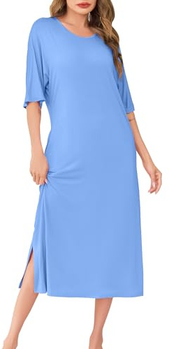Wikoan Chemise de Nuit Longue Chemise de Nuit à Manches Courtes pour Femmes Grande Taille Doux Robe de Nuit Ete Vêtements de Nuit avec Poches S-XXL