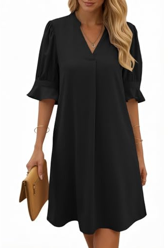 Cicy Bell Women's V Neck Midi Dress Ruffle Half Sleeve Dresses Knee-Length Casual Dress Plain Casual Summer Dress
