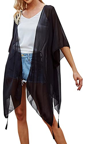 Mujer Cover Ups Gasa Estampado Floral Kimono Suelto Chal cárdigan Boho Verano Blusa Informal Top Sexy Playa Traje de baño Capas Vestido para Camisa Manga Poncho 2026
