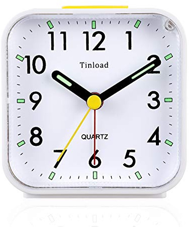 Tinload Small Battery Operated Analog Travel Alarm Clock Silent Non Ticking, Gentle Wake, Ascending Beep Sounds, Snooze,Lighted on Demand, Easy Set(White)