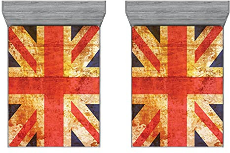 ABAKUHAUS England 2er-Satz Spannbetttuch, Union Jack Motiv Grunge, Soft Dekorativer Stoff Bettwäsche Rund-um Elastischer Gummizug, 180 cm x 200 cm,Night Blue Vermilion