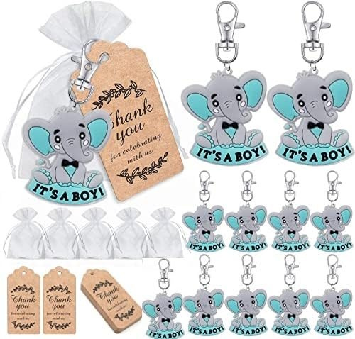 iZoeL 20 Sets It's a Boy Baby Shower Return Favors for Guests, Blue Baby Elephant Keychains + Organza Bags + Thank You Kraft Tags for Elephant Theme Party Favors, Boys Kids Party Supplies