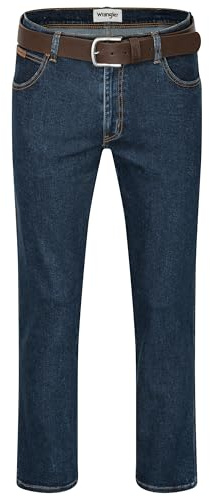 Wrangler Texas Herren-Stretchjeans Regular Fit Authentic Straight in verschiedenen Waschungen mit Gürtel in schwarz oder braun (W46/L32, Darkstone + brauner Gürtel)