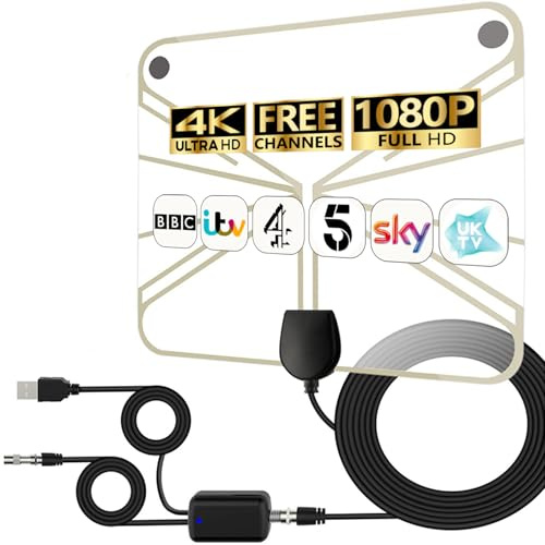 4K HD TV Digital Amplified Aerial with Signal Booster - 360° Long Reception Indoor Support for Local Channels - All Types TV Compatible