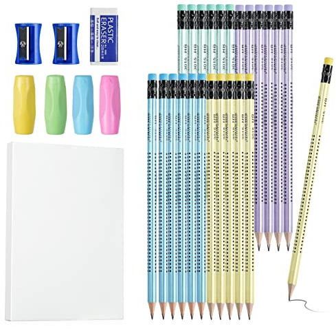 OFFCUP Lápices de Madera, 24pcs HB Lápices de Grafito Antideslizantes, Lápiz con Borrador Ayuda de Escritura para Estudiantes Punta Fina para Escribir, Dibujar,Niños