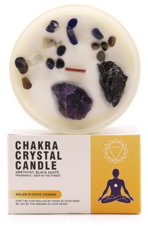 Ancient Wisdom Chakra-kristallljus – sojavax – 10 x 6 cm – 23 timmar (Solar Plexus Chakra)