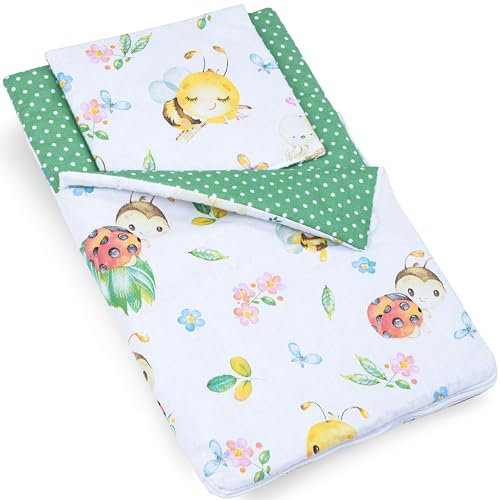 PinkZebra Puppenschlafsack beidseitig, 2-teiliges Set für kleines Puppenbett, Puppenschlafsack aus Baumwolle, für Puppen, Puppenschlafsack mit Kissen für Puppenbett, Biene