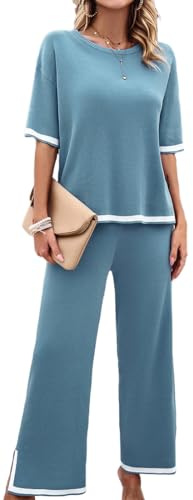 OLIPHEE Femme Ensemble Chic et Elegant Pull Femme Manches Courtes Pantalon à Jambes Larges Loungewear Top Casual Outfit Été Automne Marron Taille Unique Adulte