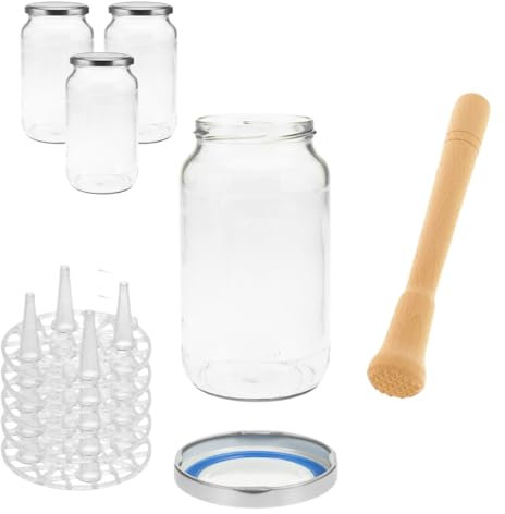 mikken Fermentier Lot de 4 bocaux de fermentation de 1062 ml avec poids de fermentation, couvercle sans BPA/PVC, pilon en bois et étiquettes
