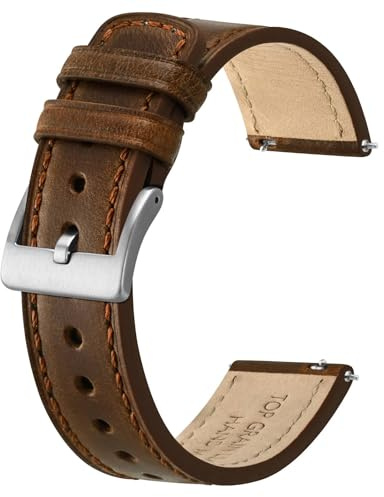 BISONSTRAP Leather Watch Straps, Classic Oil Waxed Leather, Quick Release Replacement Band for Men and Women, 22mm, Dark Brown/Silver Buckle