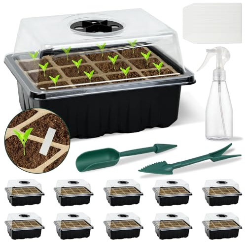 Ulikey 10 Stück Zimmergewächshaus Anzuchtkasten, 120 Loch Mini Gewächshaus Anzucht mit 20 Pflanzenetikett und 2 Gartengeräte, Abbaubare Anzuchttöpfe mit Deckel, Belüftung für Sämling Pflanze (Schwarz)