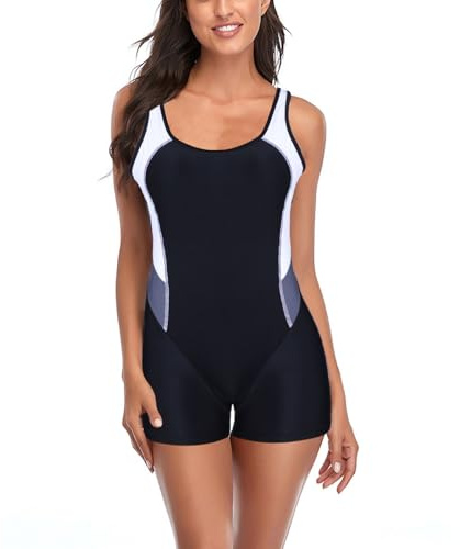 Risipu Maillot de bain une pièce pour femme avec short, maillot de bain boyleg, dos nageur, maillot de bain à manches longues, Noir + blanc + gris., S